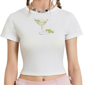 Amazon Olive Martini Print Cropped White Shirt, Size XL